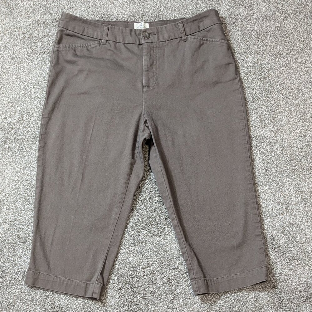 ST JOHN'S BAY Brown Twill Mid-Rise Front Zip Crop Pants, Capris; Size 14